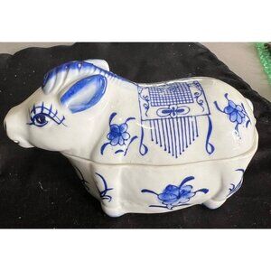Blue & White Ceramic Cow-Shaped Lidded Trinket Box With Floral Patterns vintage